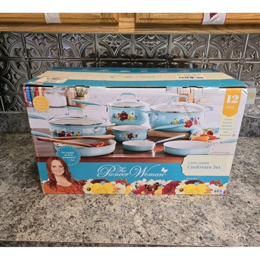 New The Pioneer Woman Nonstick 12 Piece Ceramic Cookware Set Breezy Blossom